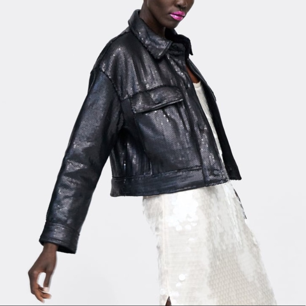 ZARA black sequins puffer jacket , made of recycled water bottles - Picture 4 of 8
